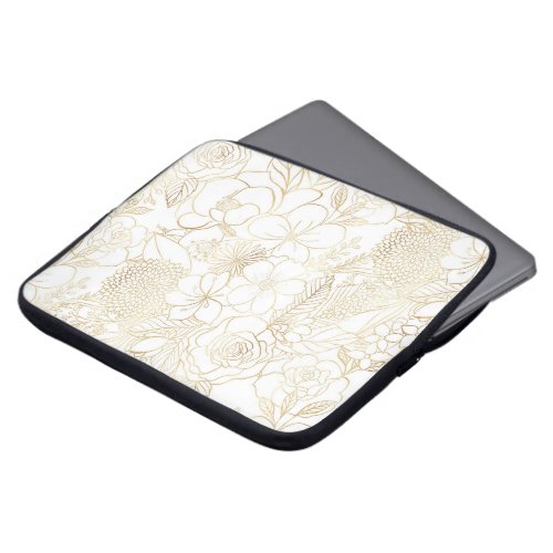 Modern Gold White Floral Doodles line art Laptop Sleeve