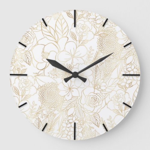 Modern Gold White Floral Doodles line art Large Clock