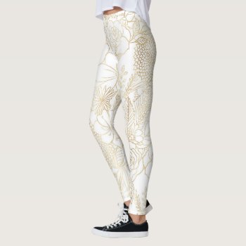 Modern Gold White Floral Doodles Line Art Leggings by InovArtS at Zazzle
