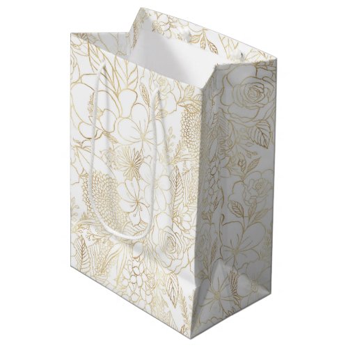 Modern Gold White Floral Doodles line art Medium Gift Bag