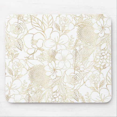 Modern Gold White Floral Doodles line art Mouse Pad