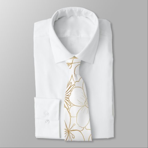 Modern Gold White Floral Doodles line art Neck Tie