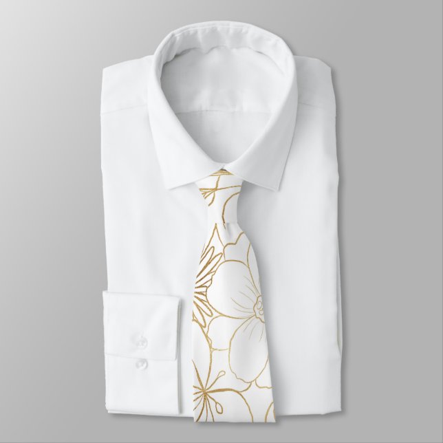 Modern Gold White Floral Doodles line art Neck Tie (Tied)