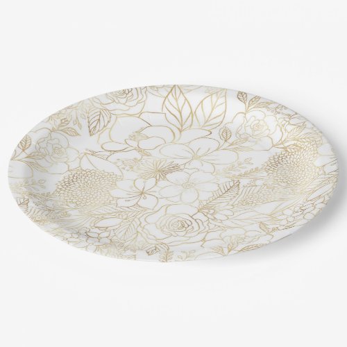 Modern Gold White Floral Doodles line art Paper Plates