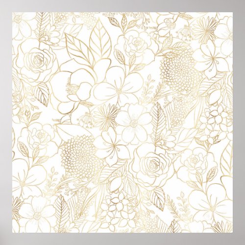 Modern Gold White Floral Doodles line art Poster