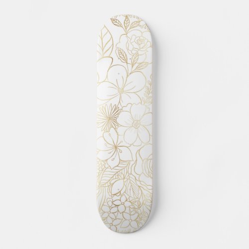 Modern Gold White Floral Doodles line art Skateboard