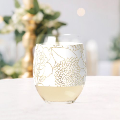 Modern Gold White Floral Doodles line art Stemless Wine Glass