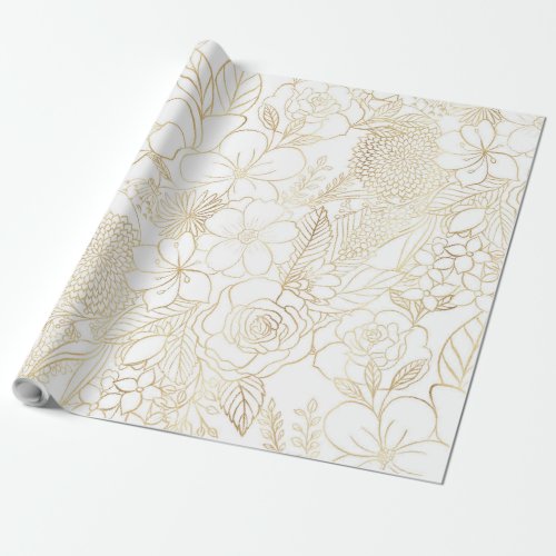 Modern Gold White Floral Doodles line art Wrapping Paper