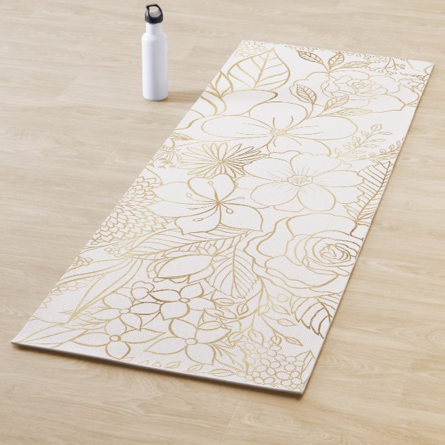 Modern Gold White Floral Doodles line art Yoga Mat (In Situ)