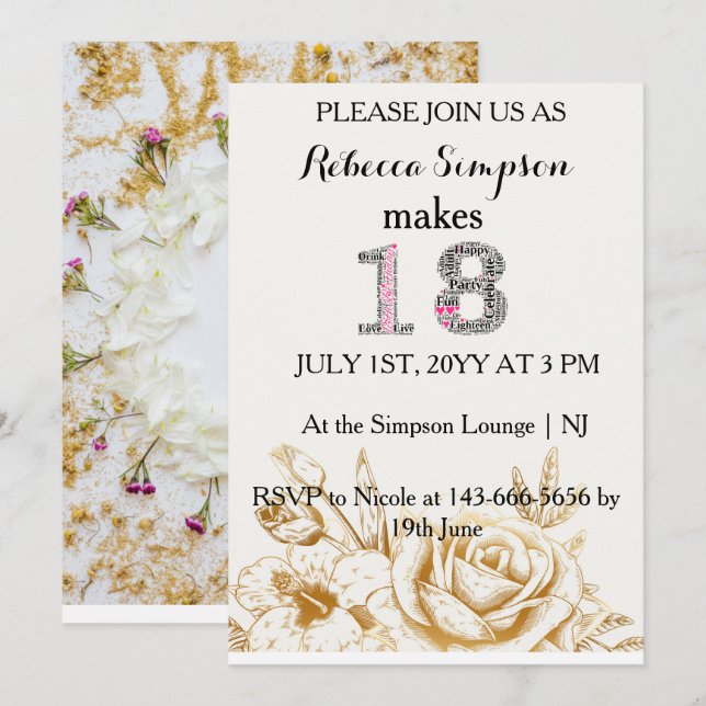 Modern gold white Flowers | 18th Birthday Save The Date (Front/Back)