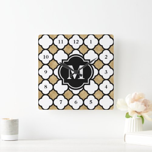 Modern Gold White Geometric Quatrefoil Monogrammed Square Wall Clock