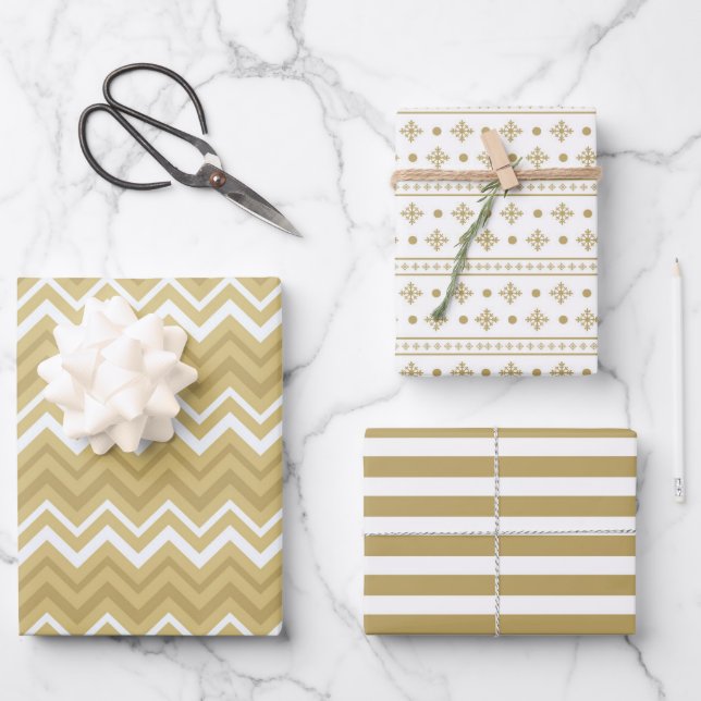 Modern Gold White Geometric Stripe Christmas Wrapping Paper Sheets (Front)