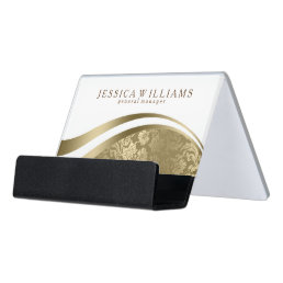 Modern Gold &amp; White Geometric Wavy Stripes Desk Business Card Holder