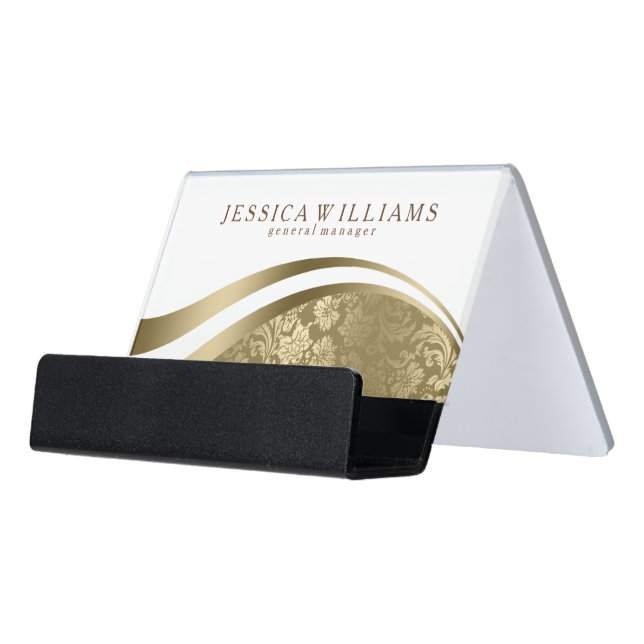 Modern Gold & White Geometric Wavy Stripes Desk Business Card Holder (Angled Front)