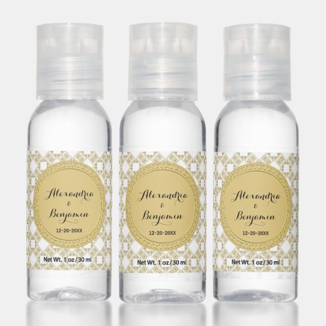 Modern Gold White Geometric Wedding Personalize Hand Sanitizer (Set)