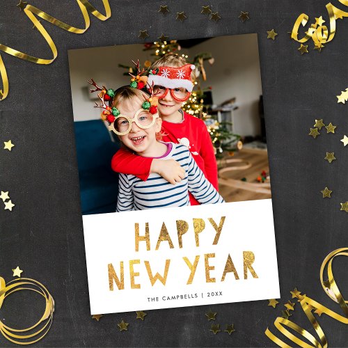 Modern Gold White Happy New Year Photo Holiday Card