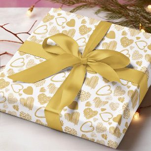Modern Gold White Love Heart Doodle Pattern Wrapping Paper