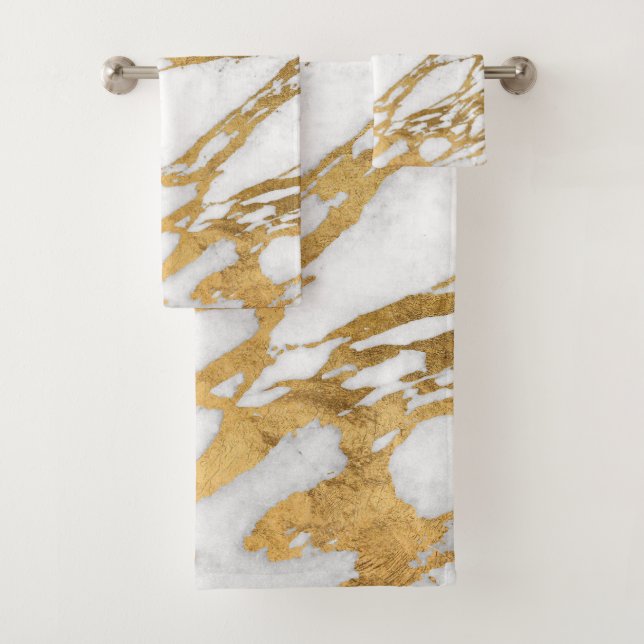 Modern Gold White Marble Stone Chic Pattern Bath Towel Set (Insitu)