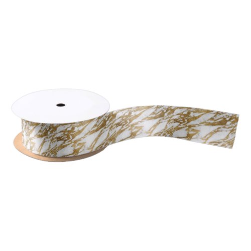 Modern Gold White Marble Stone Chic Pattern Satin Ribbon