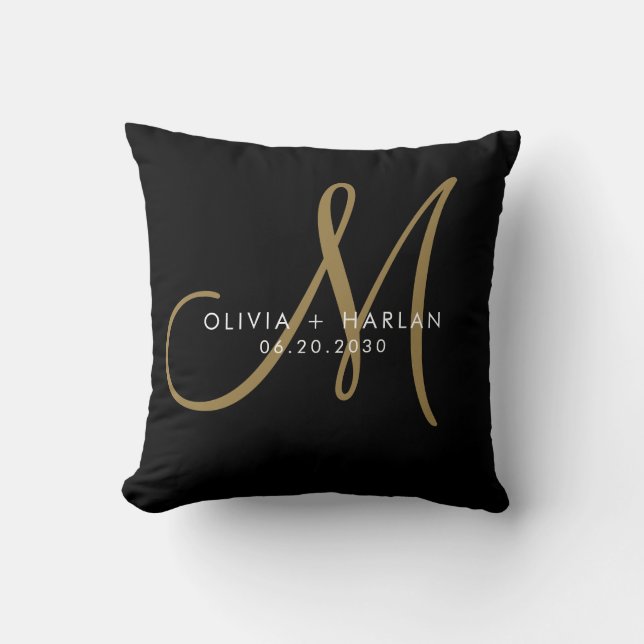 Modern Gold White Monogram Black Wedding Keepsake Throw Pillow (Front)