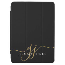 Modern Gold White Monogram Feminine Script Black iPad Air Cover