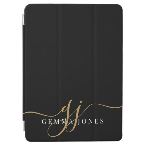 Modern Gold White Monogram Feminine Script Black iPad Air Cover