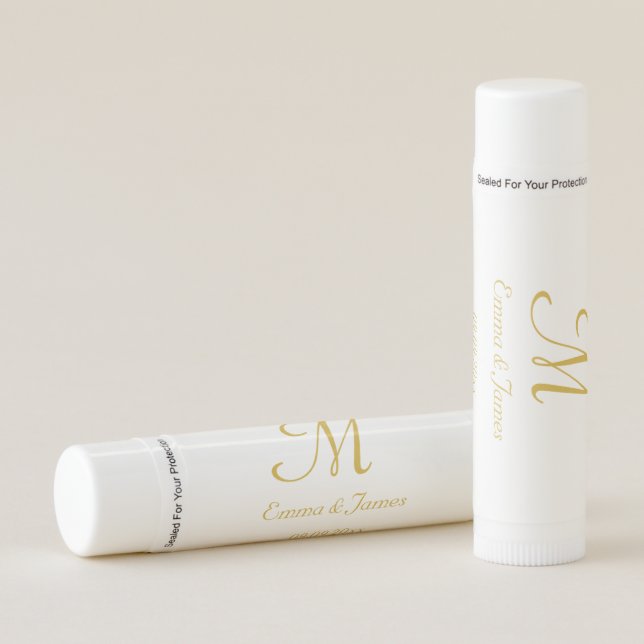Modern Gold & White Monogram Name Date Thank You  Lip Balm (Front)