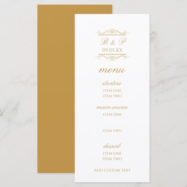 Modern Gold & White Monogram Wedding Menu Card (Front/Back)
