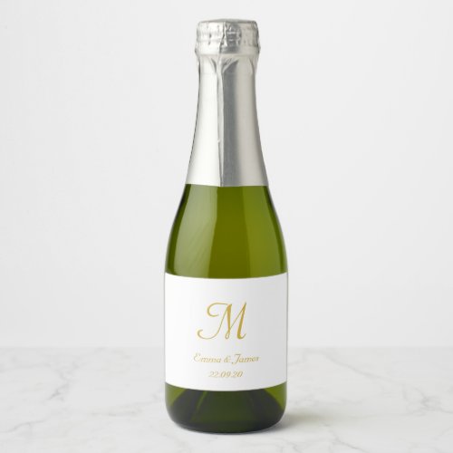 Modern Gold  White Monogram Wedding Party Mini   Sparkling Wine Label