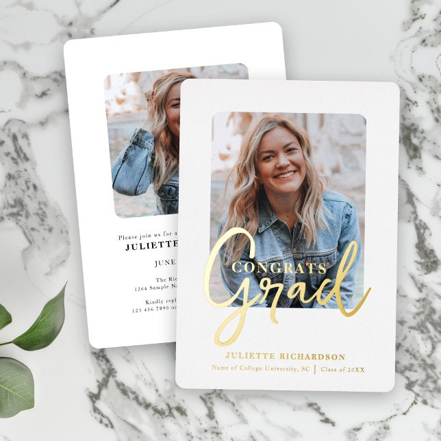 Modern Gold White Photo College Graduation Party Foil Invitation (Creator Uploaded)