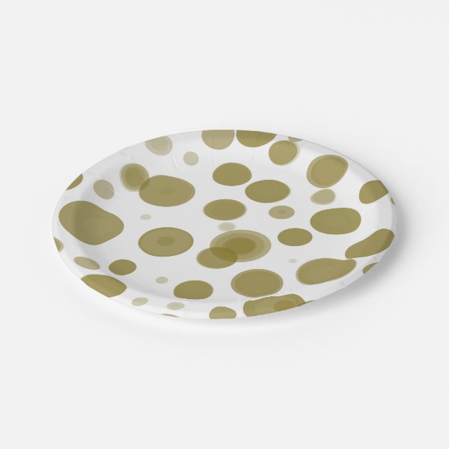 Modern Gold & White Polka Dot Bubbles Party Paper Plates (Angled)