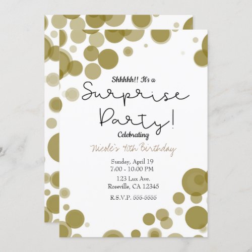 Modern Gold White Polka Dot Bubbles Surprise Party Invitation