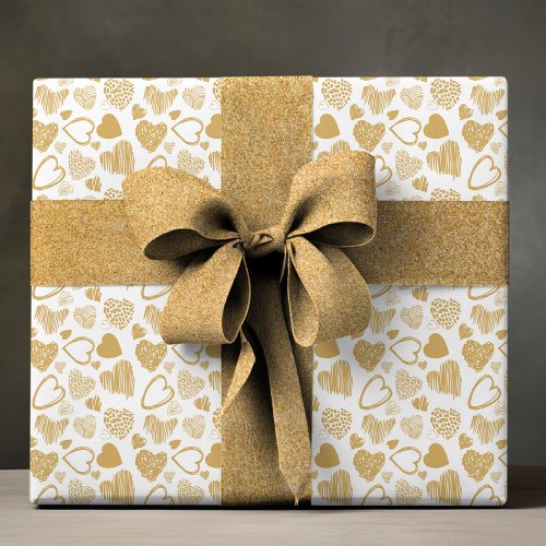 Modern Gold White Romantic Love Heart Doodle Wrapping Paper
