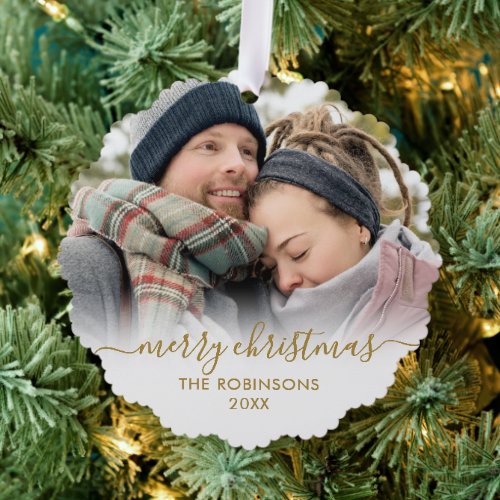 Modern Gold White Script 2 Couple Photo Christmas Ornament Card