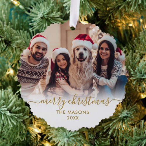 Modern Gold White Script 2 Family Photo Christmas Ornament Card