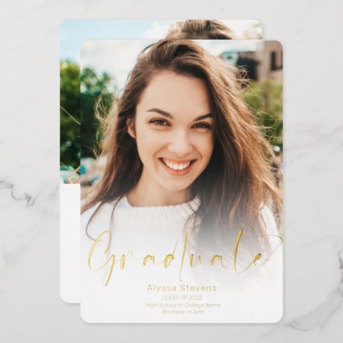 Modern gold white script 2 photos graduation foil invitation