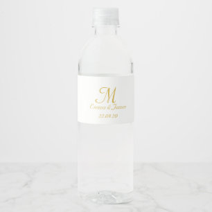 Modern Gold White Script Monogram Wedding Favor  Water Bottle Label