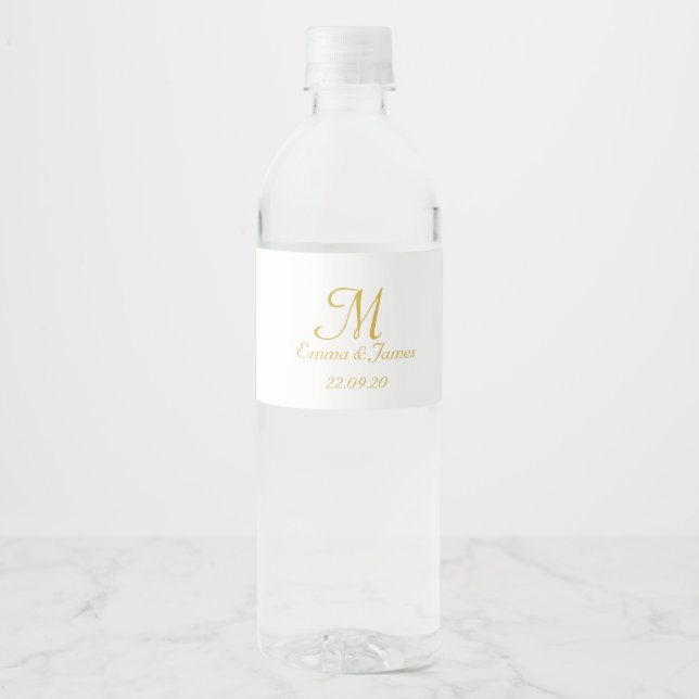 Modern Gold White Script Monogram Wedding Favor  Water Bottle Label (Front)