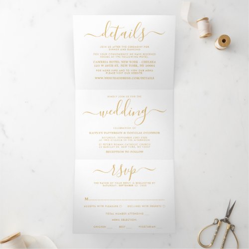 Modern Gold  White Simple Script Wedding Suite Tri_Fold Invitation