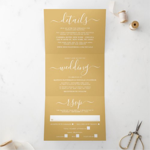 Modern Gold  White Simple Script Wedding Suite Tri_Fold Invitation