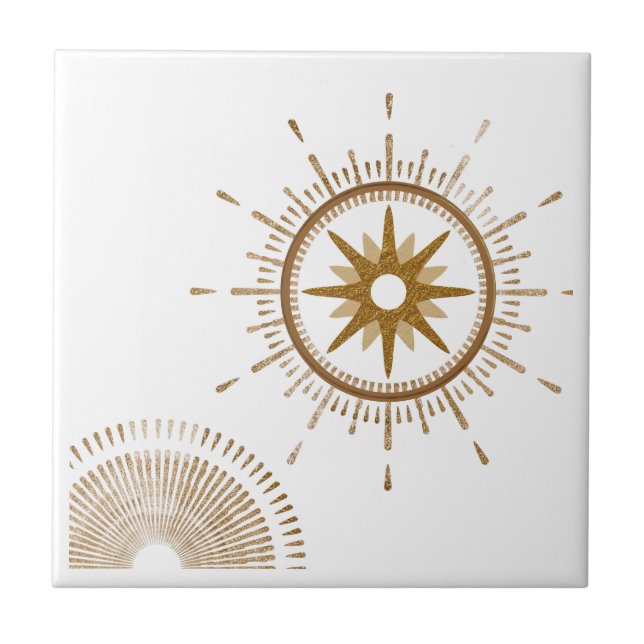 Modern Gold & White Starburst Celestial Design Ceramic Tile (Front)