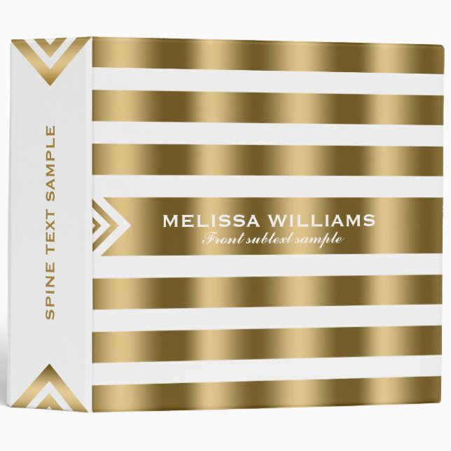 Modern Gold & White Stripes & Geometric Accents 3 Ring Binder (Front/Spine)