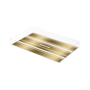 Modern Gold & White Stripes Geometric Pattern Acrylic Tray