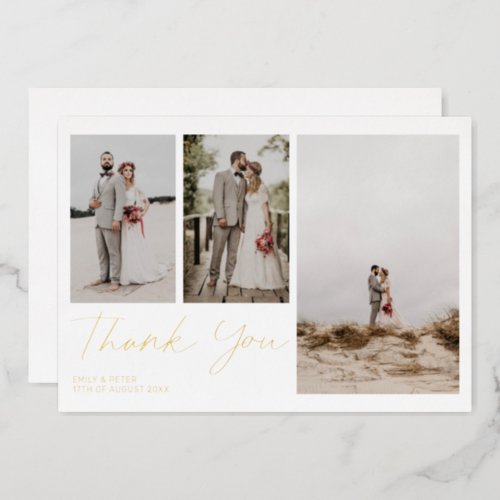 Modern gold white thank you 3 photo wedding  foil invitation