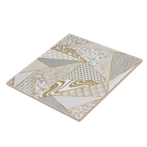 Modern Gold White Triangles Geometric Pattern Ceramic Tile