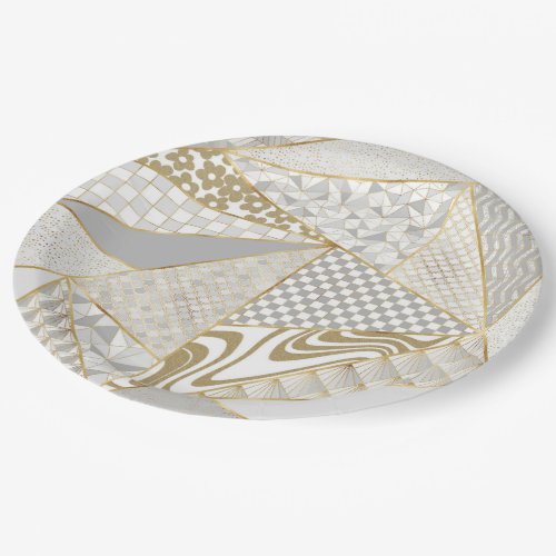 Modern Gold White Triangles Geometric Pattern Paper Plates