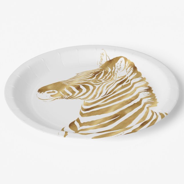 Modern Gold White Zebra Animal Safari Design Paper Plates (Angled)