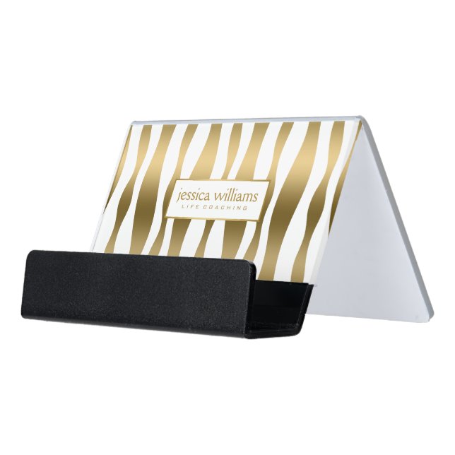 Modern Gold & White Zebra Stripes Desk Business Card Holder (Angled Front)