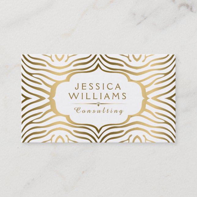 Modern Gold & White Zebra Swirly Frame Business Card (Front)