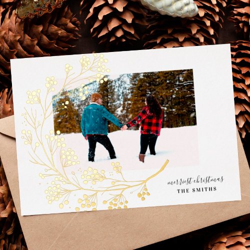 Modern Gold Winter Natural Merry Christmas Photo Foil Holiday Card
